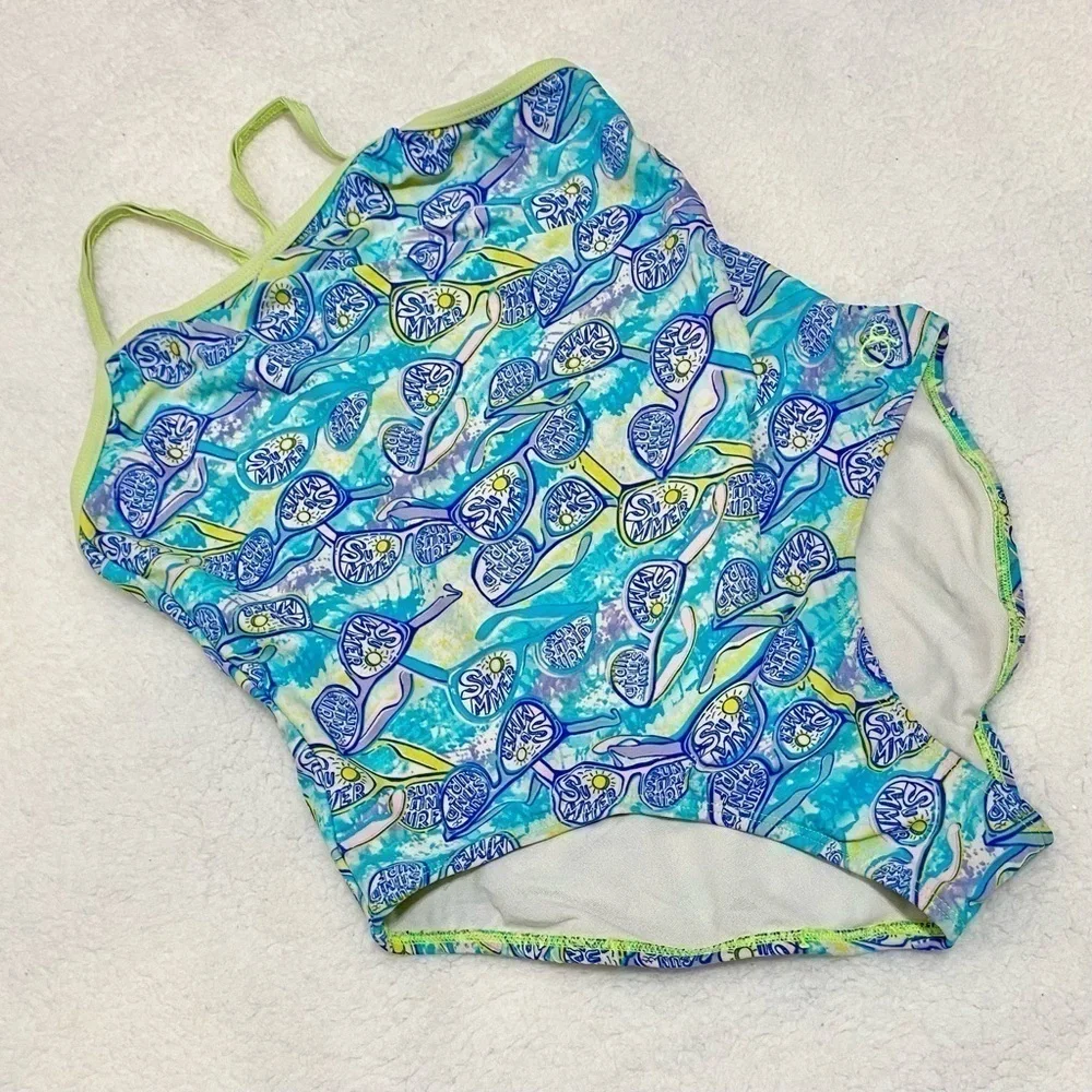 OP one piece swimsuit XL 14-16 teal yellow retro sunglasses print